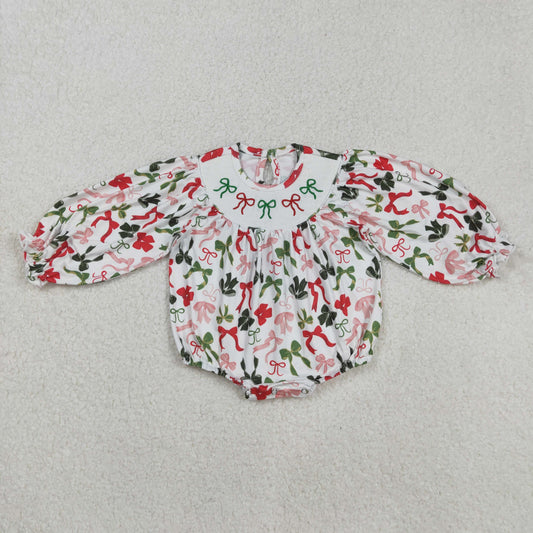 LR2185 Smocked Baby Girls Red Green Bows Christmas Ruffle Rompers