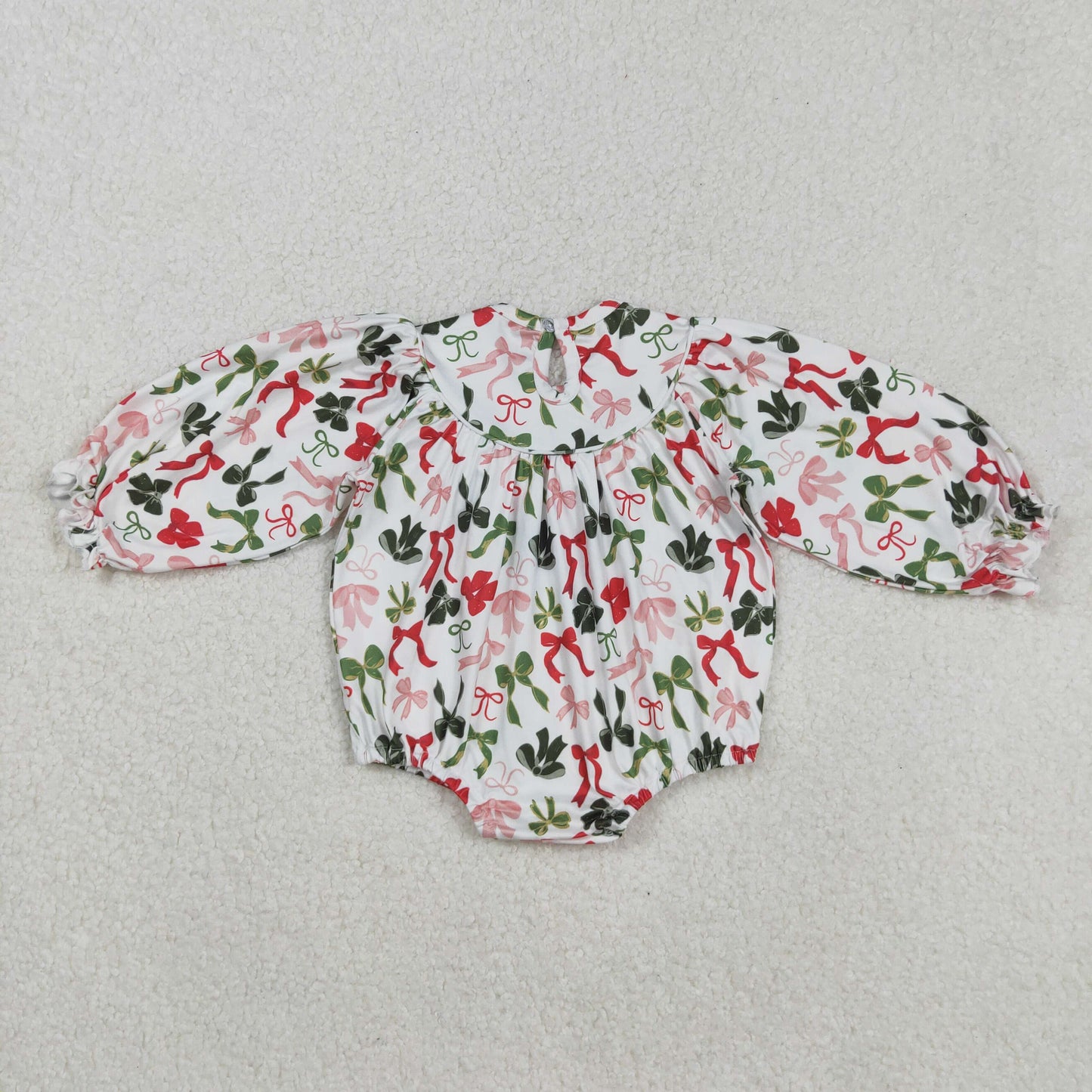 LR2185 Smocked Baby Girls Red Green Bows Christmas Ruffle Rompers
