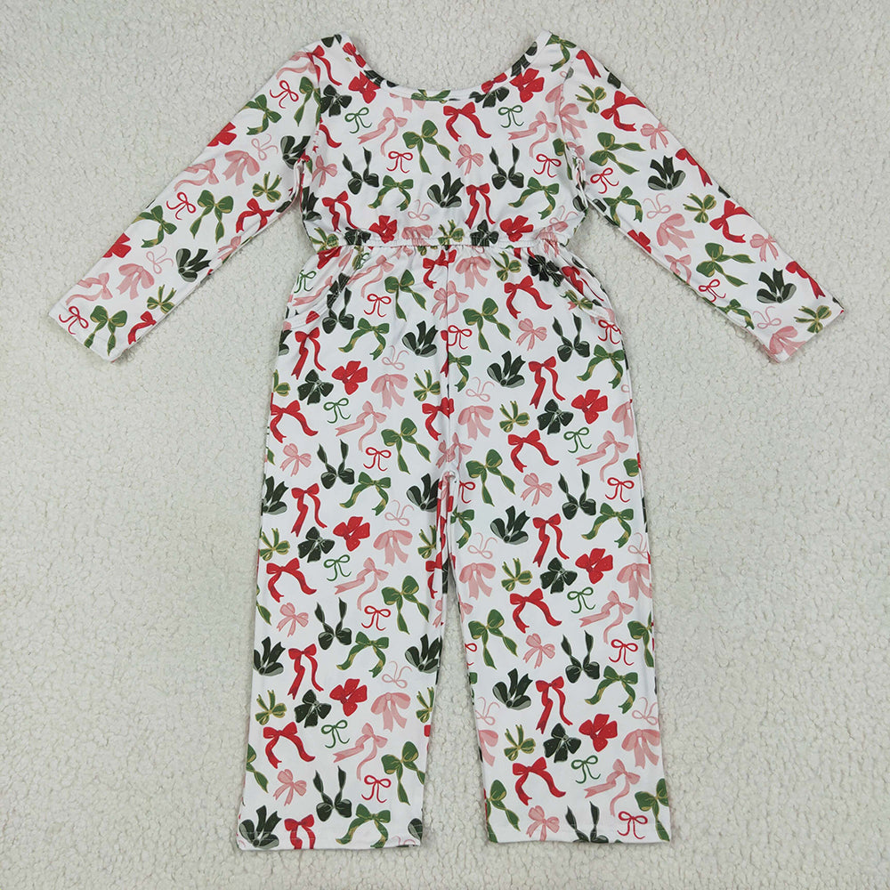 LR2192 Girls Christmas Green Red Bows Jumpsuits Rompers