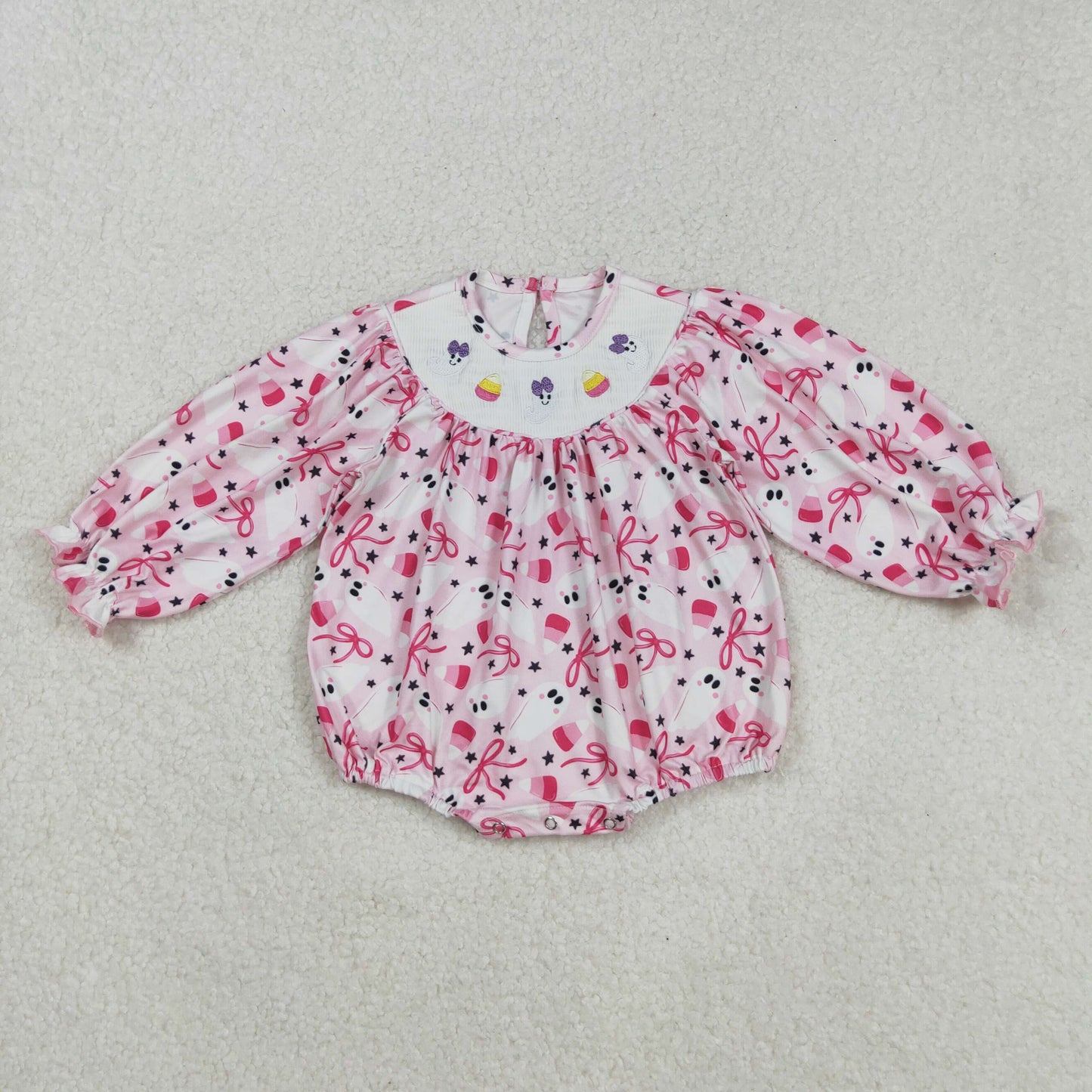 LR2216 Baby Girls Pink Bows Embroidery Ghosts Candy Halloween Ruffle Rompers