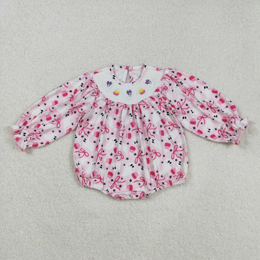 LR2216 Baby Girls Pink Bows Embroidery Ghosts Candy Halloween Ruffle Rompers