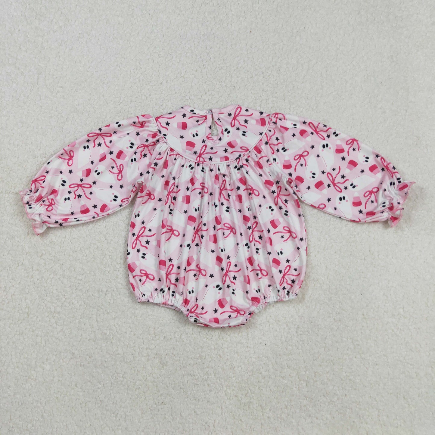 LR2216 Baby Girls Pink Bows Embroidery Ghosts Candy Halloween Ruffle Rompers