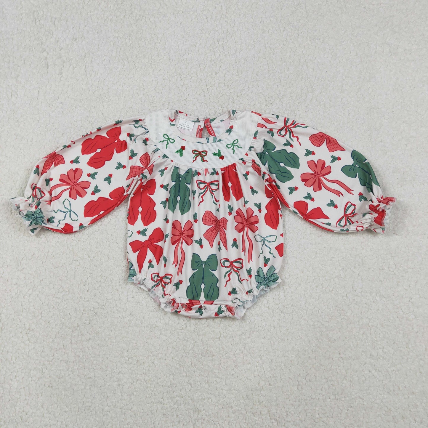 LR2217 Smocked Baby Girls Red Green Bows Christmas Ruffle Rompers