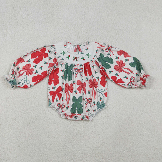 LR2217 Smocked Baby Girls Red Green Bows Christmas Ruffle Rompers