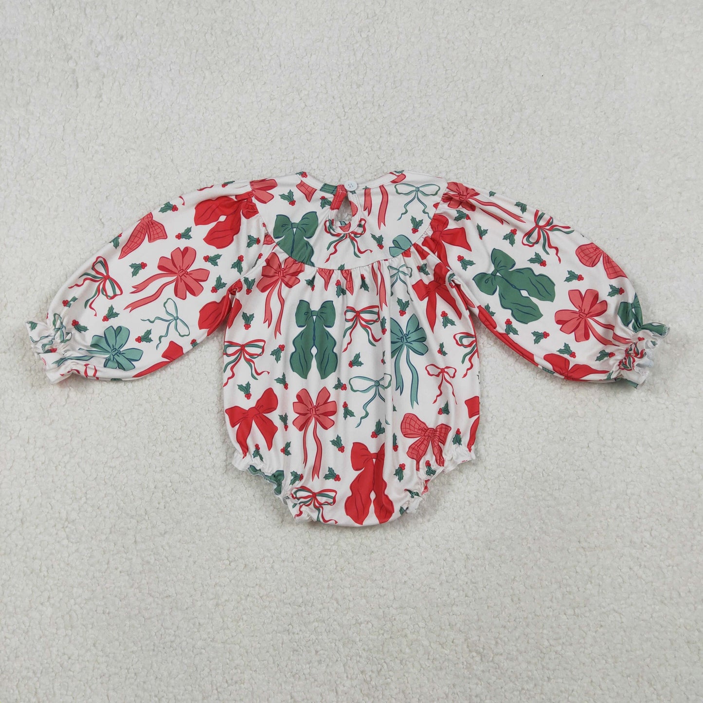 LR2217 Smocked Baby Girls Red Green Bows Christmas Ruffle Rompers