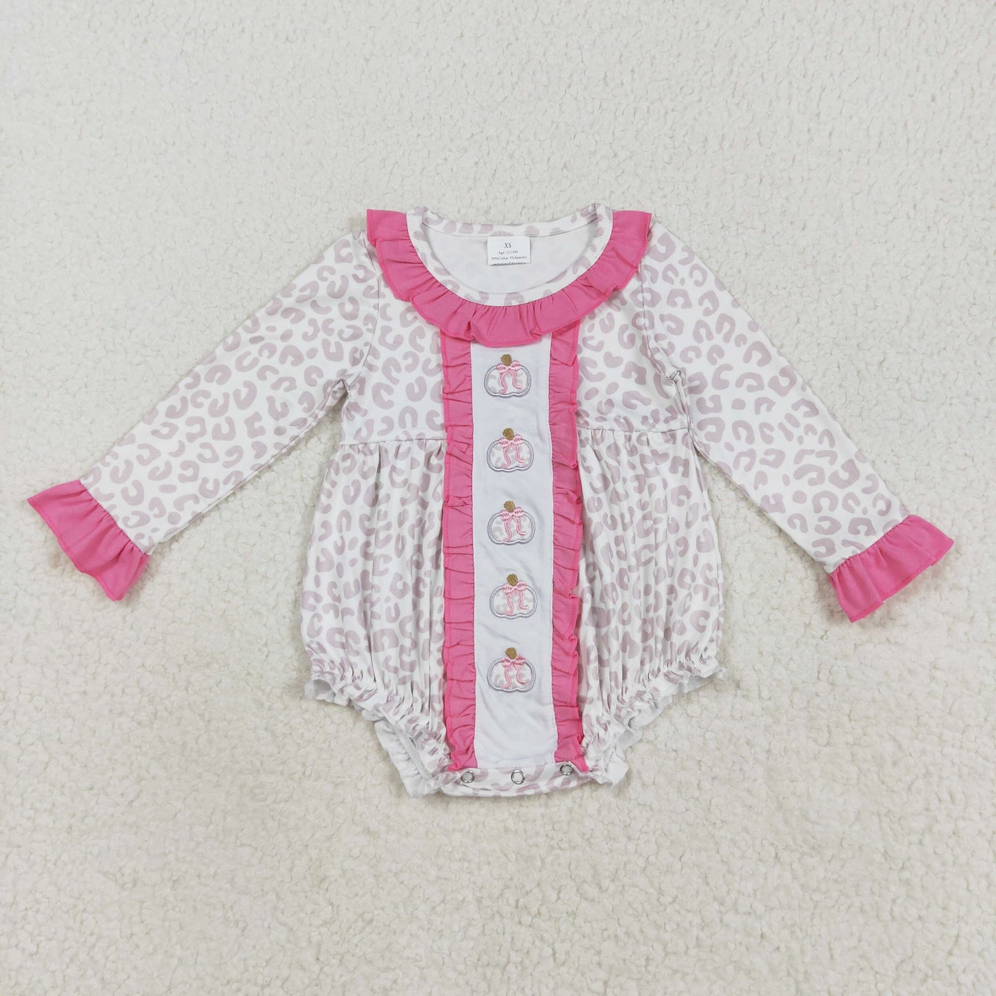 LR2220 Baby Girls Pink Leopard Embroidery Bows Pumpkins Fall Ruffle Collar Rompers