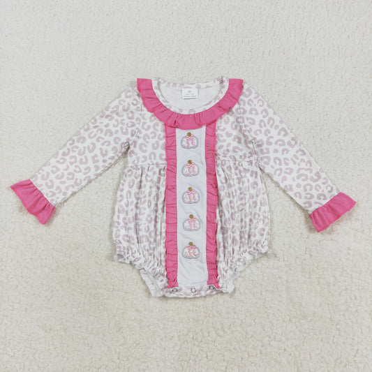 LR2220 Baby Girls Pink Leopard Embroidery Bows Pumpkins Fall Ruffle Collar Rompers