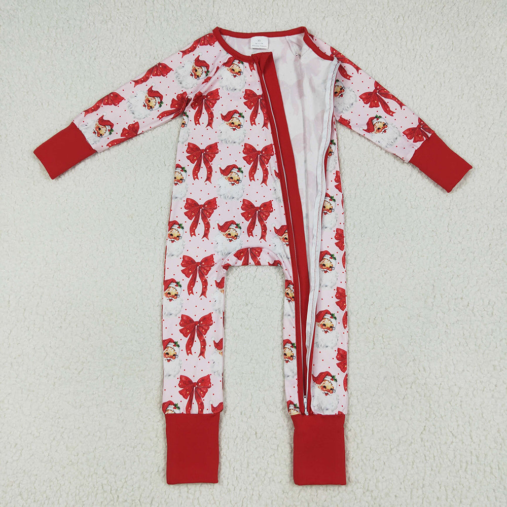 Sibling Baby Kids Holly Bows Santa Christmas Two Way Zip Convertible Rompers