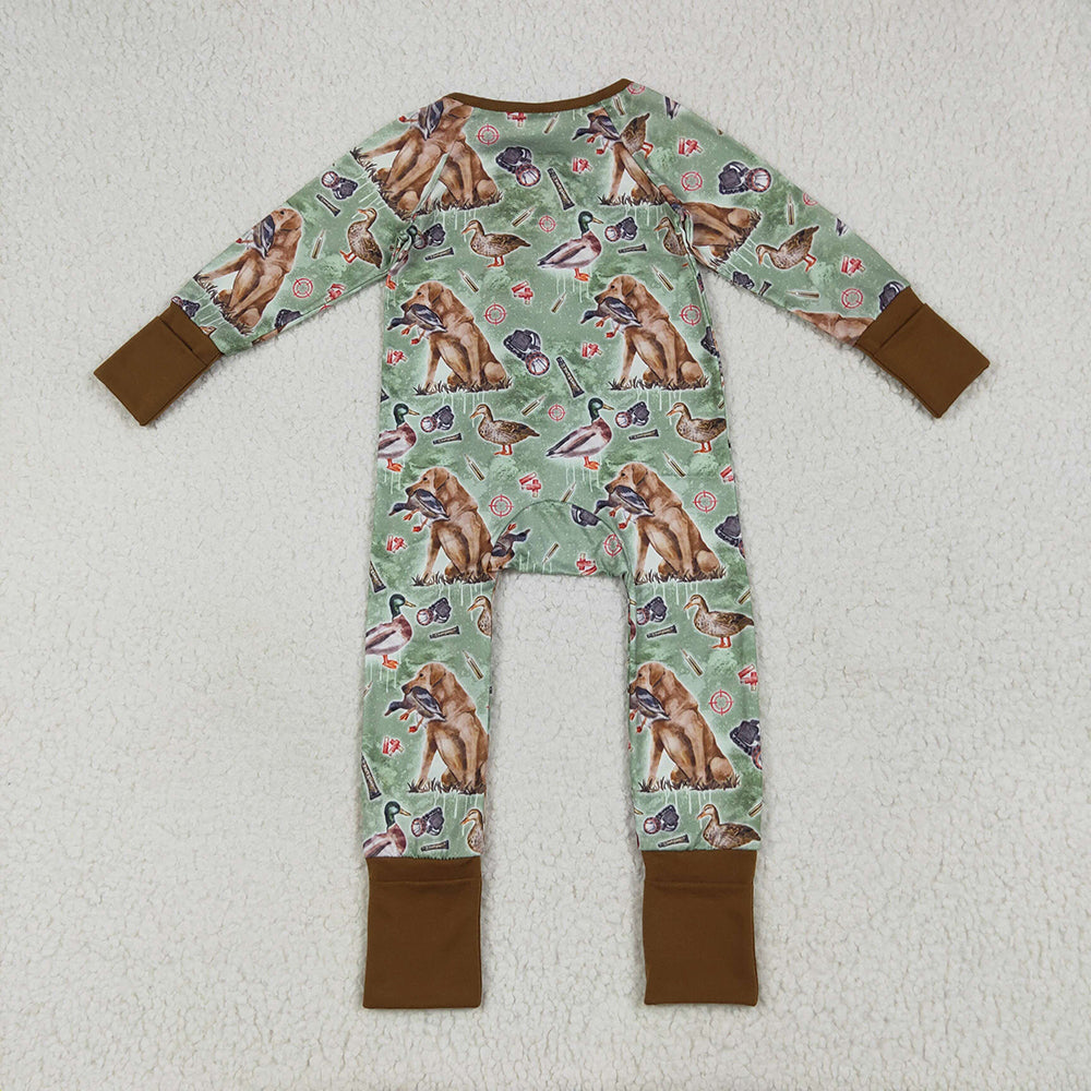 LR2234 baby boys green dog ducks hunting footie zip rompers
