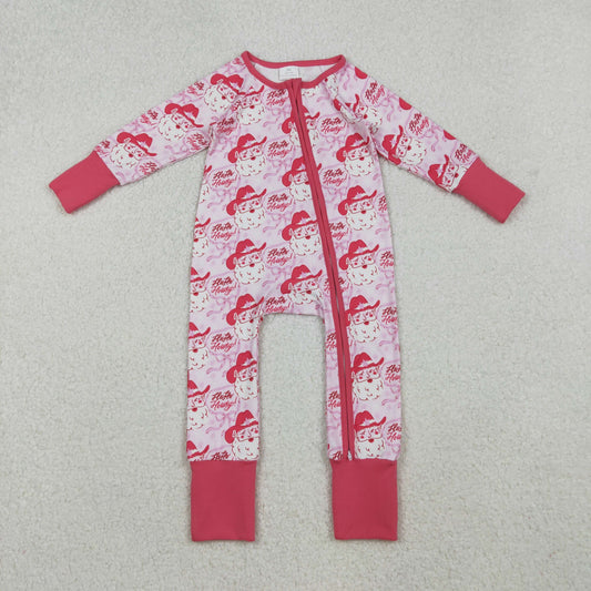 LR2243 Baby Girls Pink Santa Howdy Christmas Western Zipper Footed Rompers