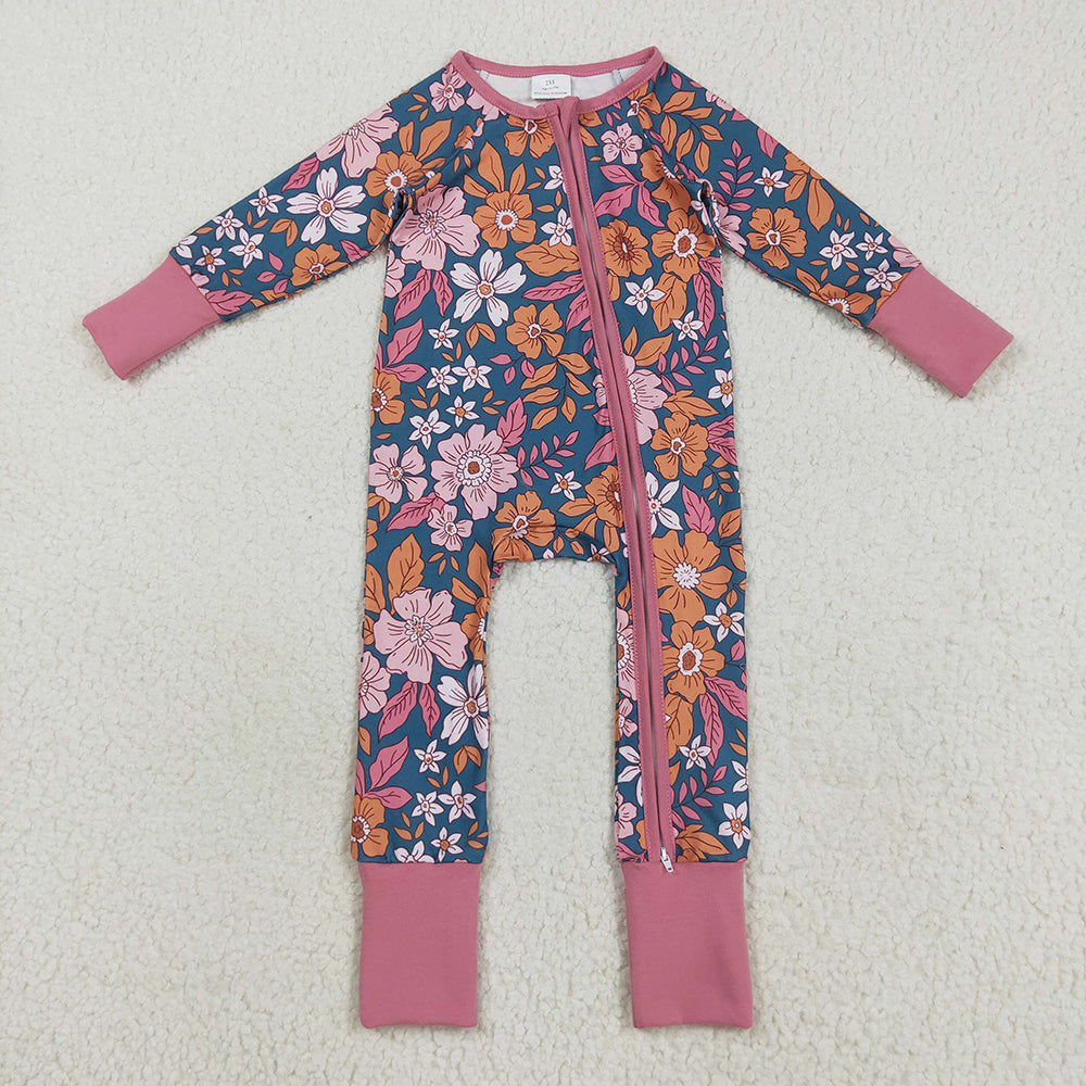 Sibling Baby Girls Lavender Floral Zip Rompers Pajamas Clothes Sets