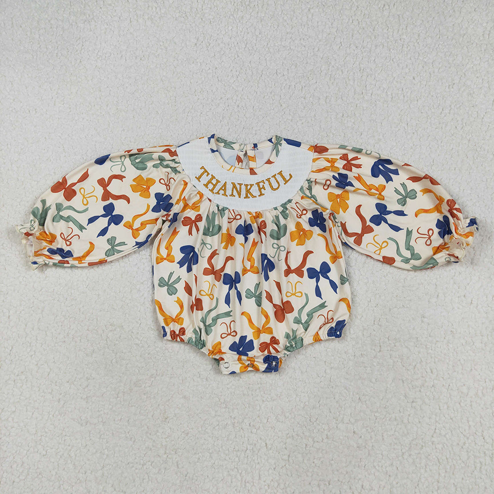 Sibling Smocked Embroidery Baby Girls Thanksgiving Thankful Colorful Bows Rompers Dresses
