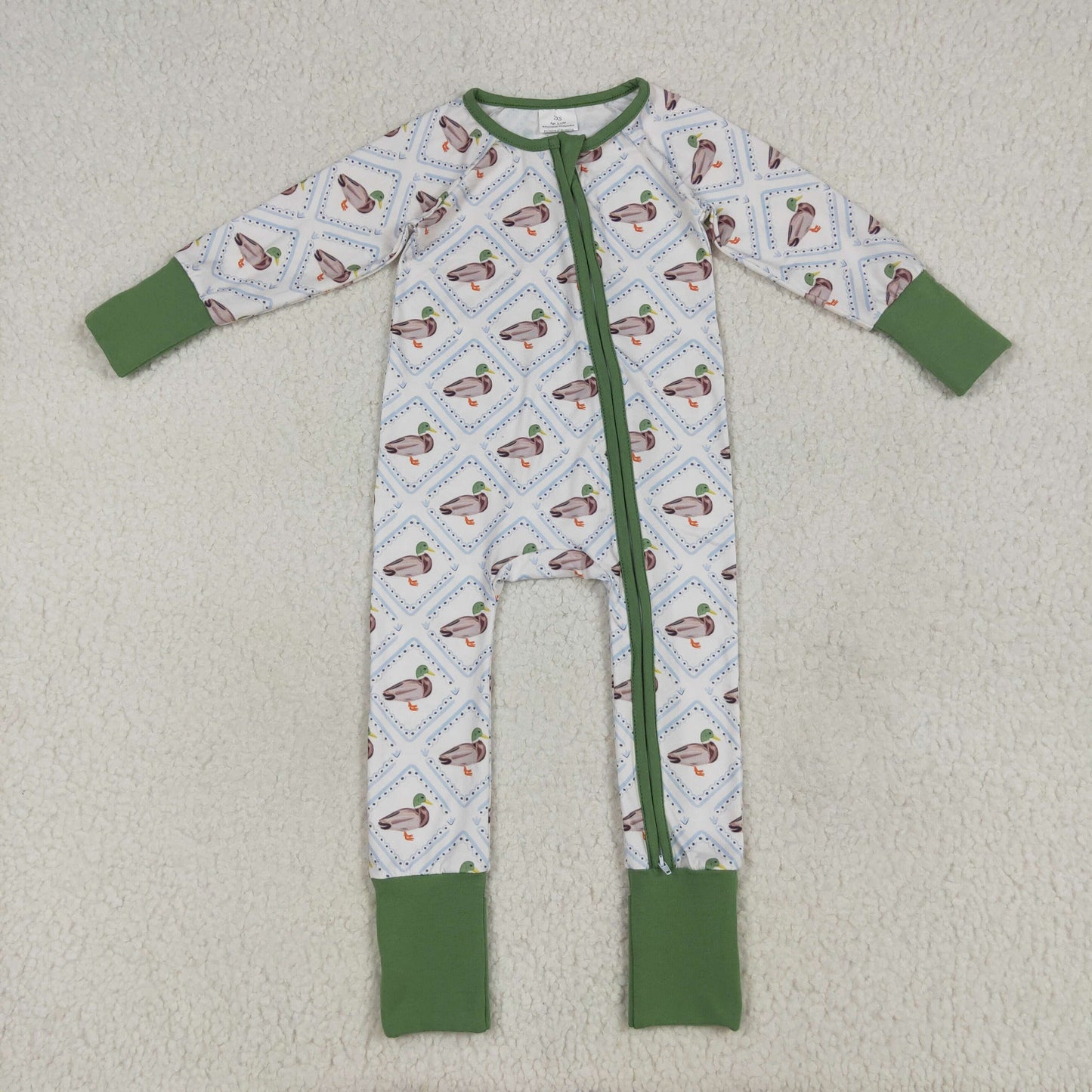 Sibling Boys Green Ducks Checked Pajamas Clothes Sets Zipper Rompers Blankets
