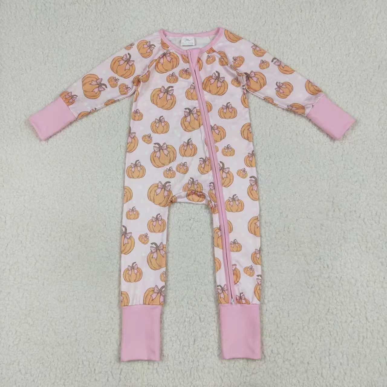 Sibling Baby Girls Pink Bows Pumpkins Rompers Pajamas Sets