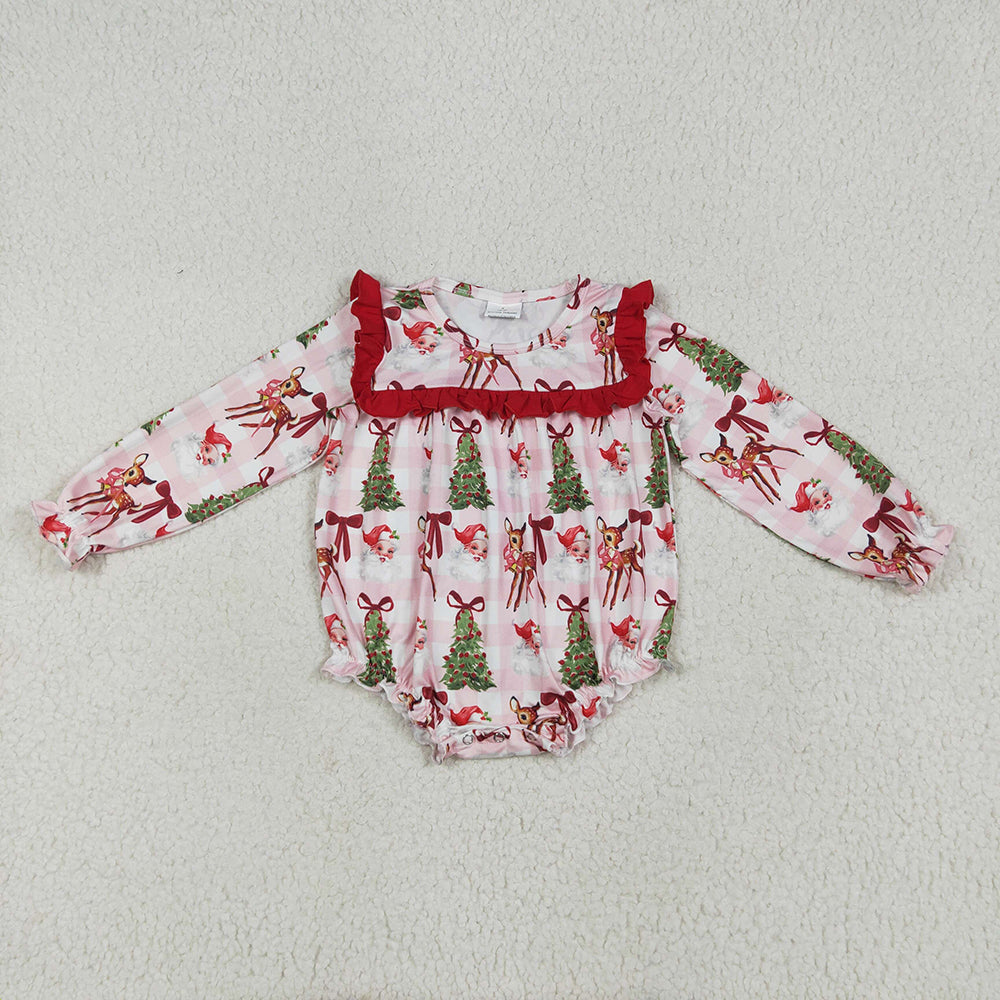 Sibling Baby Girls Red Long Sleeves Santa Trees Rompers Dresses Outfits
