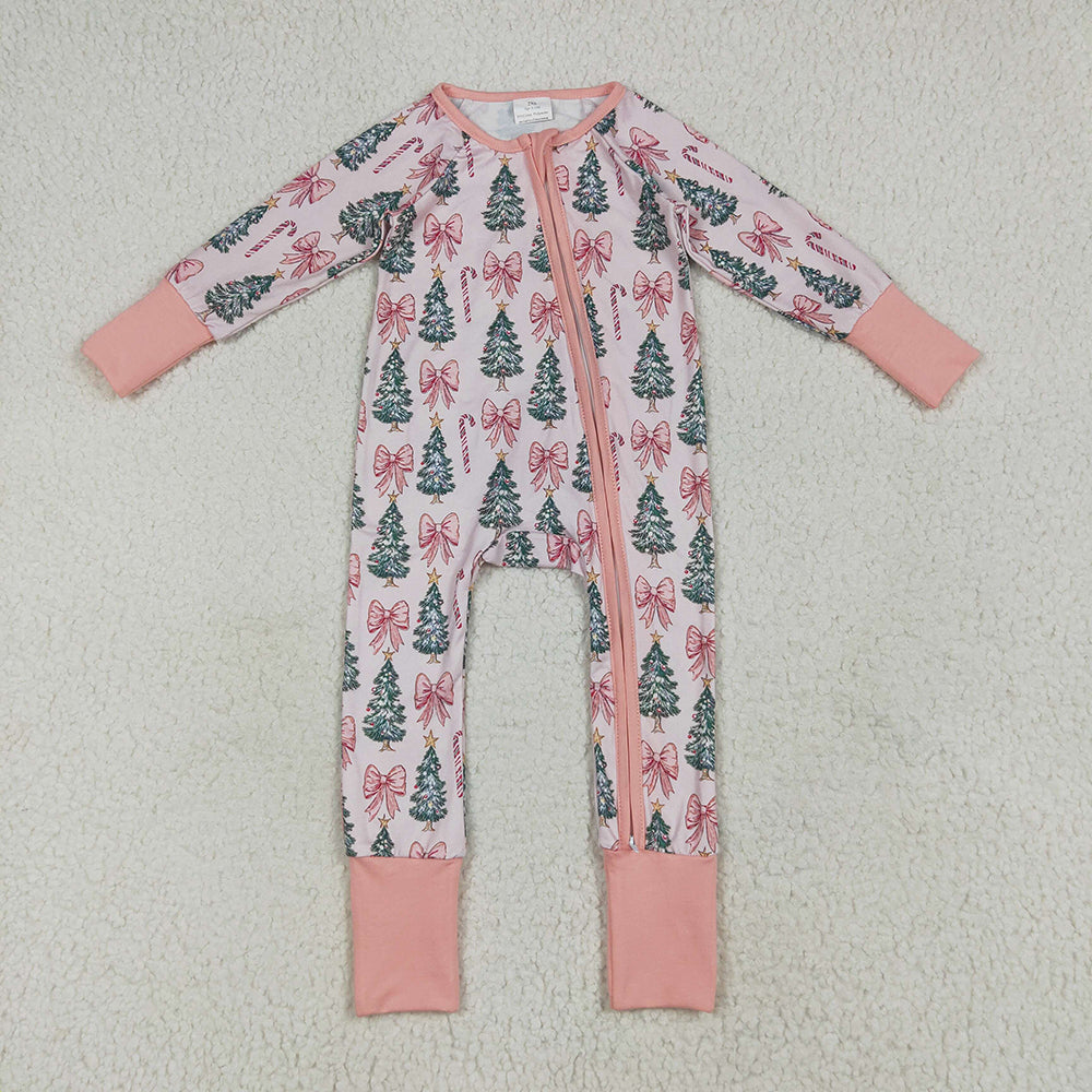 Sibling Baby Girls Pink Christmas Trees Rompers Pajamas Sets