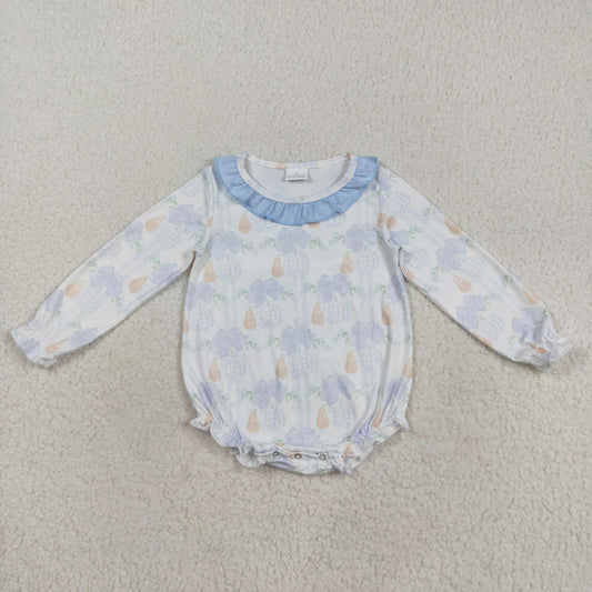 LR2312 Baby Girls Long Sleeve Blue Bows Pumpkins Fall Ruffle Collar Rompers
