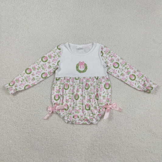 LR2325 Baby Girls Long Sleeve Bows Holly Snowmen Christmas Ruffle Rompers
