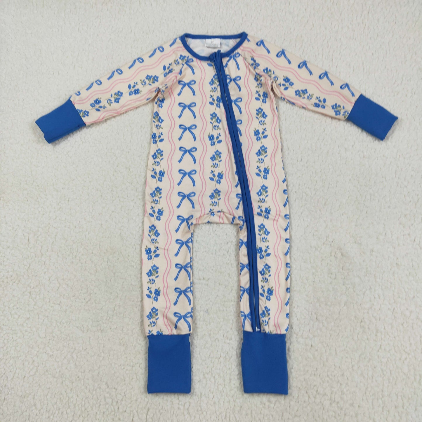 Family Sibling Blue Bows Flower Stripes Button Women Girls Pajamas Sets Zipper Footie Rompers