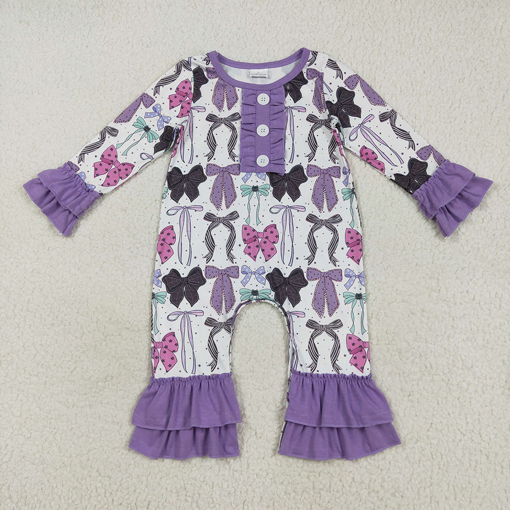 Sibling Baby Girls Purple Bows Pajamas Rompers Outfits Sets