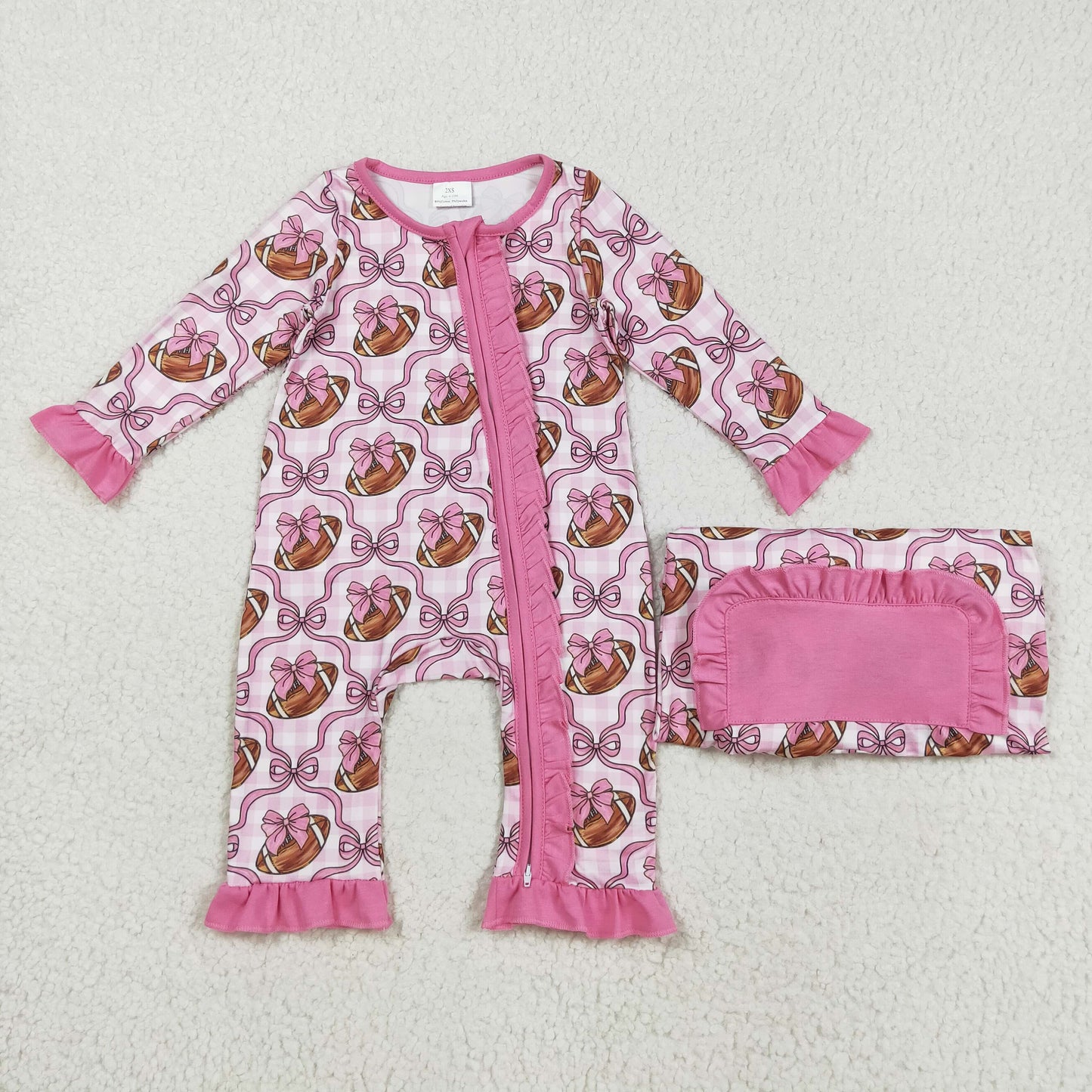 LR2361 Baby Girls Pink Checked Bows Footballs Team Ruffle Zipper Footie Rompers