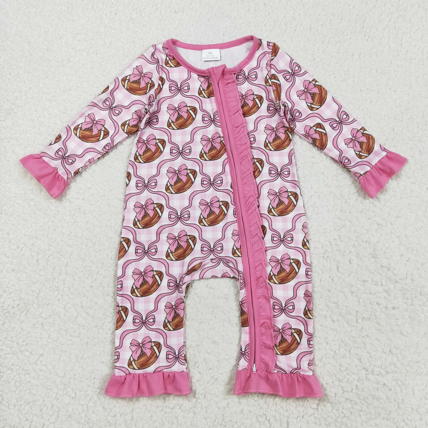 Sibling Baby Girls Pink Bows Footballs Top Pant Team Pajamas Set Zipper Footie Rompers