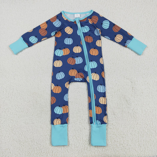 LR2364 baby boys fall pumpkins footie zip rompers