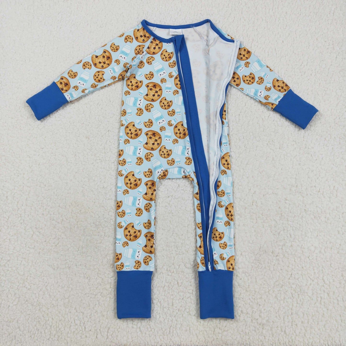 LR2397 Baby Boys Blue Milks Cookies Christmas Zipper Footed Rompers