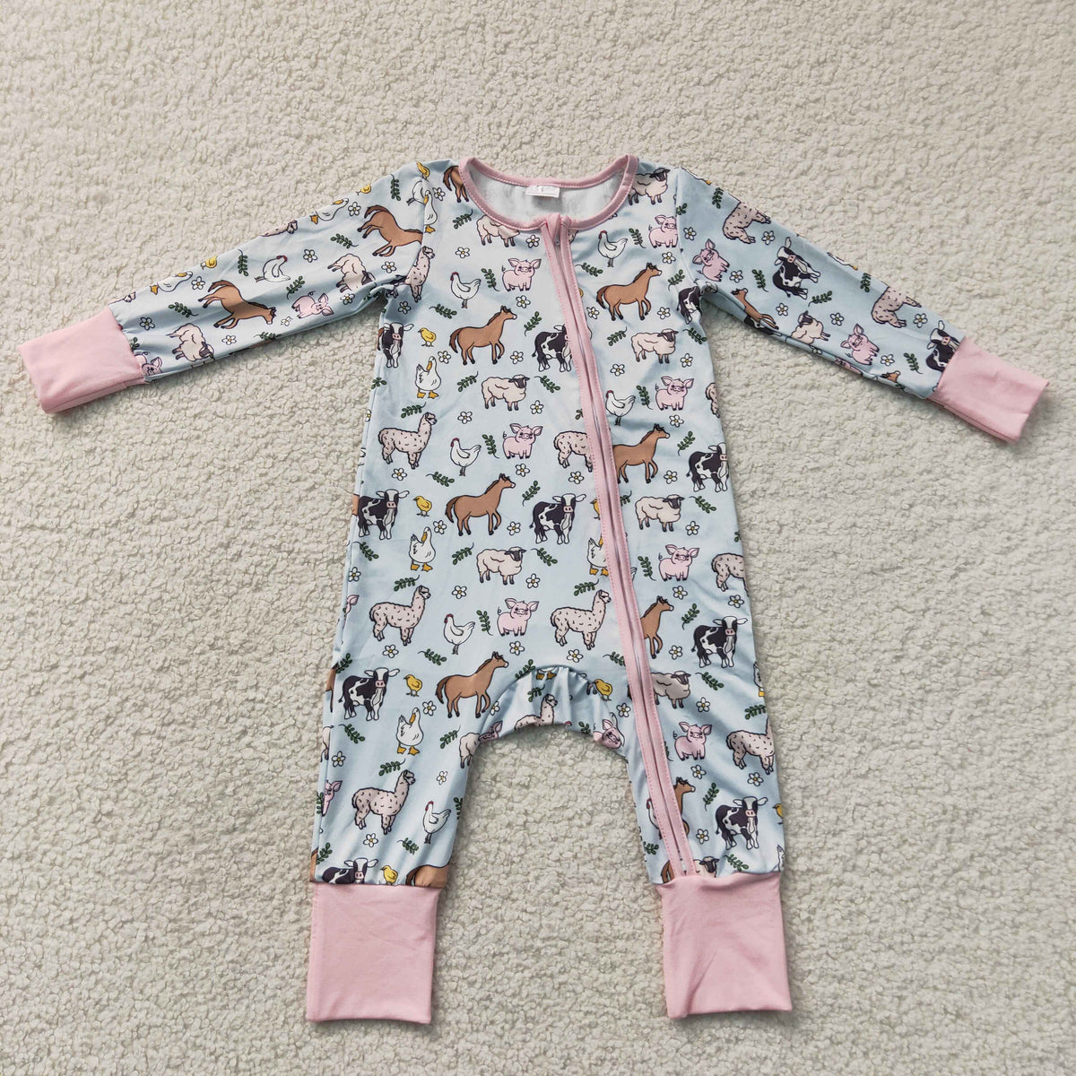 LR2401 Baby Girls Long Sleeve Flowers Pigs Cows Farm Two Way Zip Convertible Rompers