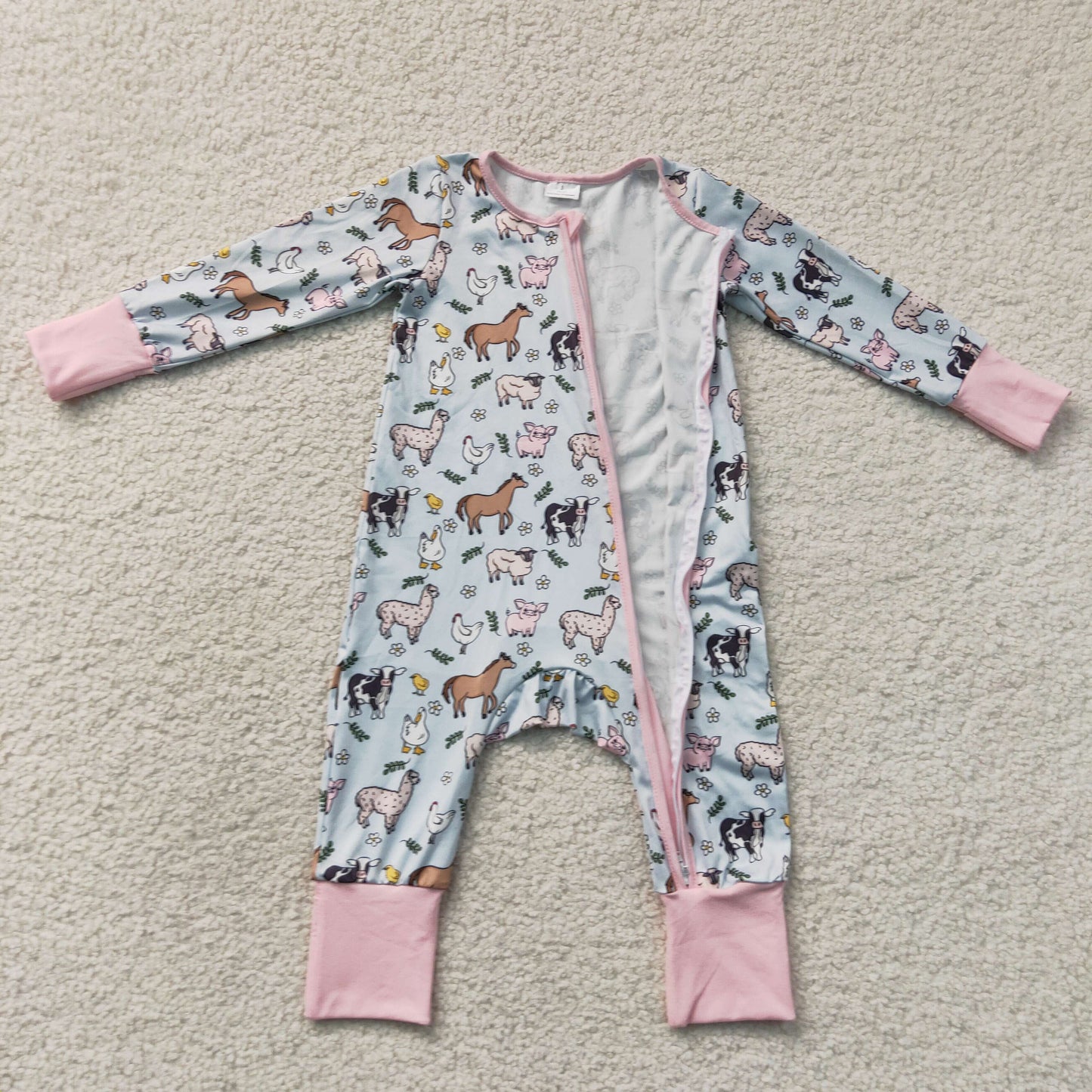 Sibling Baby Girls Long Sleeves Pigs Cows Top Pant Farm Clothes Set Zip Rompers