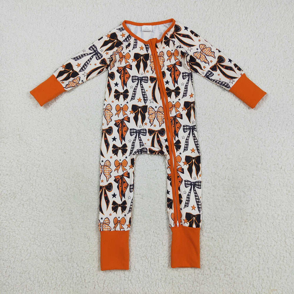 Sibling Baby Kids Orange Black Bows Stars Halloween Pajams Sets Zipper Footie Rompers