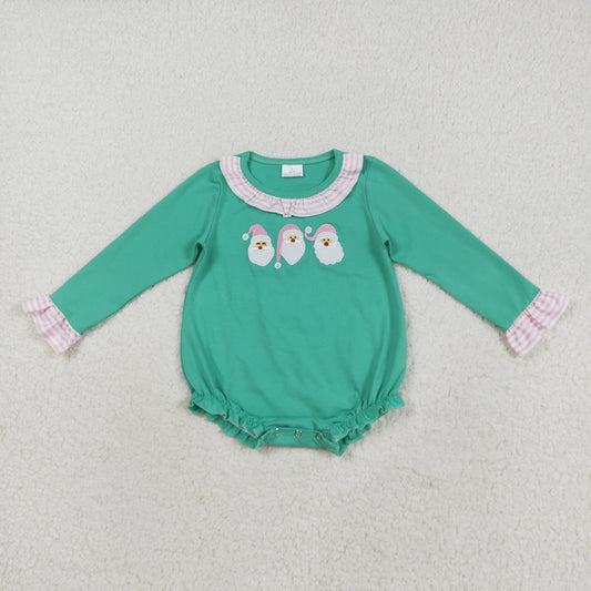 LR2411 Baby Girls Green Embroidery Santa Christmas Ruffle Collar Rompers