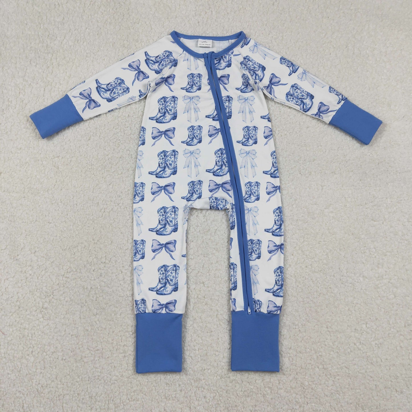LR2420 Baby Boys Blue Bows Boots Western Two Way Zip Convertible Rompers