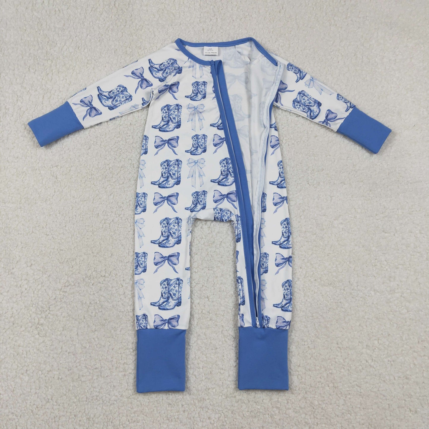 LR2420 Baby Boys Blue Bows Boots Western Two Way Zip Convertible Rompers
