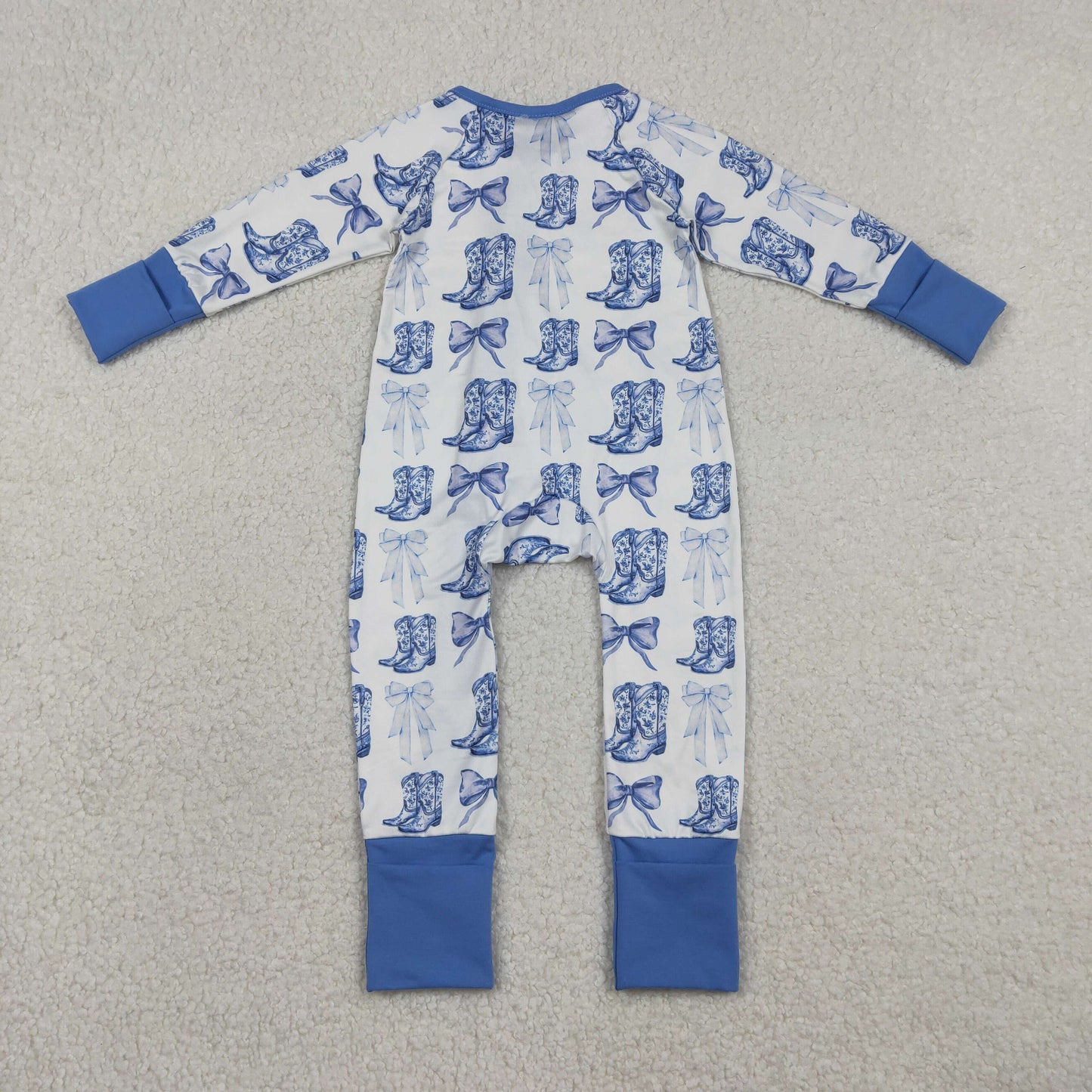 LR2420 Baby Boys Blue Bows Boots Western Two Way Zip Convertible Rompers