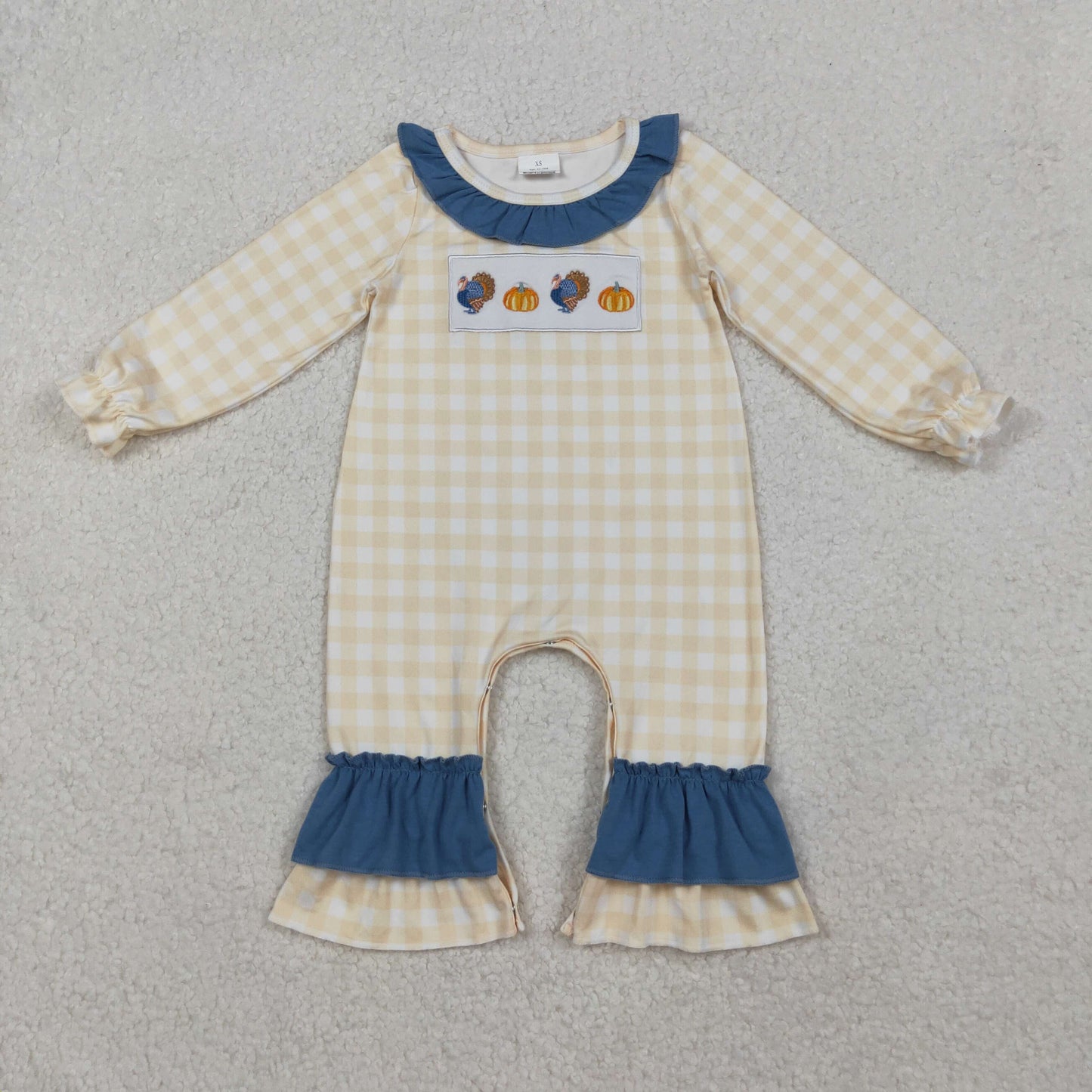 LR2438 Baby Girls Embroidery Turkey Pumpkins Thanksgiving Checked Ruffle Footie Rompers