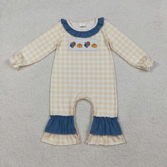 LR2438 Baby Girls Embroidery Turkey Pumpkins Thanksgiving Checked Ruffle Footie Rompers