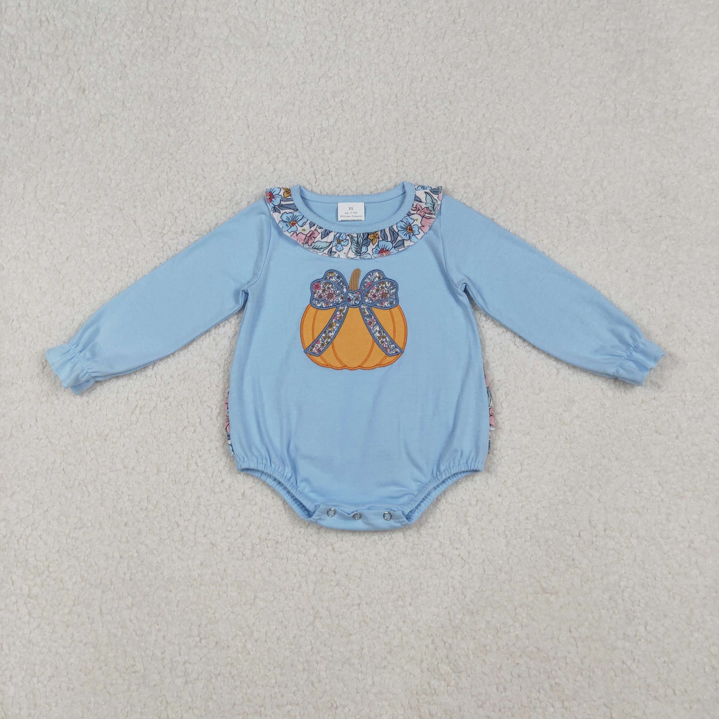 LR2441 Baby Girls Embroidery Floral Pumpkins Fall Ruffle Collar Rompers
