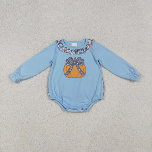 LR2441 Baby Girls Embroidery Floral Pumpkins Fall Ruffle Collar Rompers