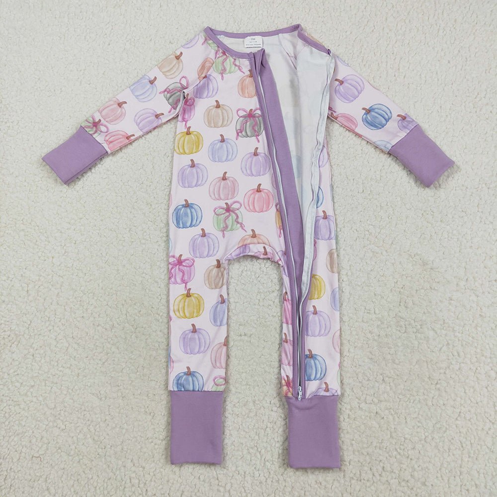 Sibling Baby Kids Colorful Bows Pumpkins Fall Pajams Sets Zipper Footie Rompers