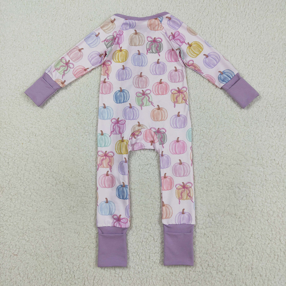 Sibling Baby Kids Colorful Bows Pumpkins Fall Pajams Sets Zipper Footie Rompers