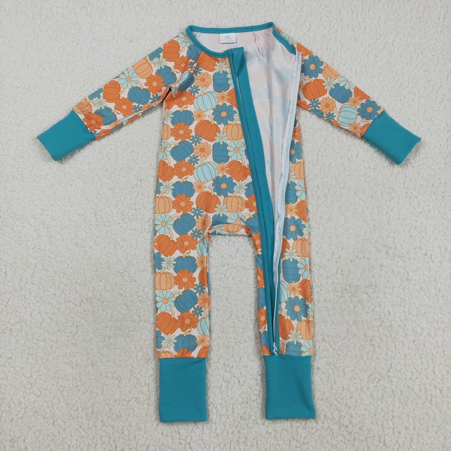 Sibling Baby Kids Colorful Flowers Pumpkins Fall Two Way Zip Convertible Rompers