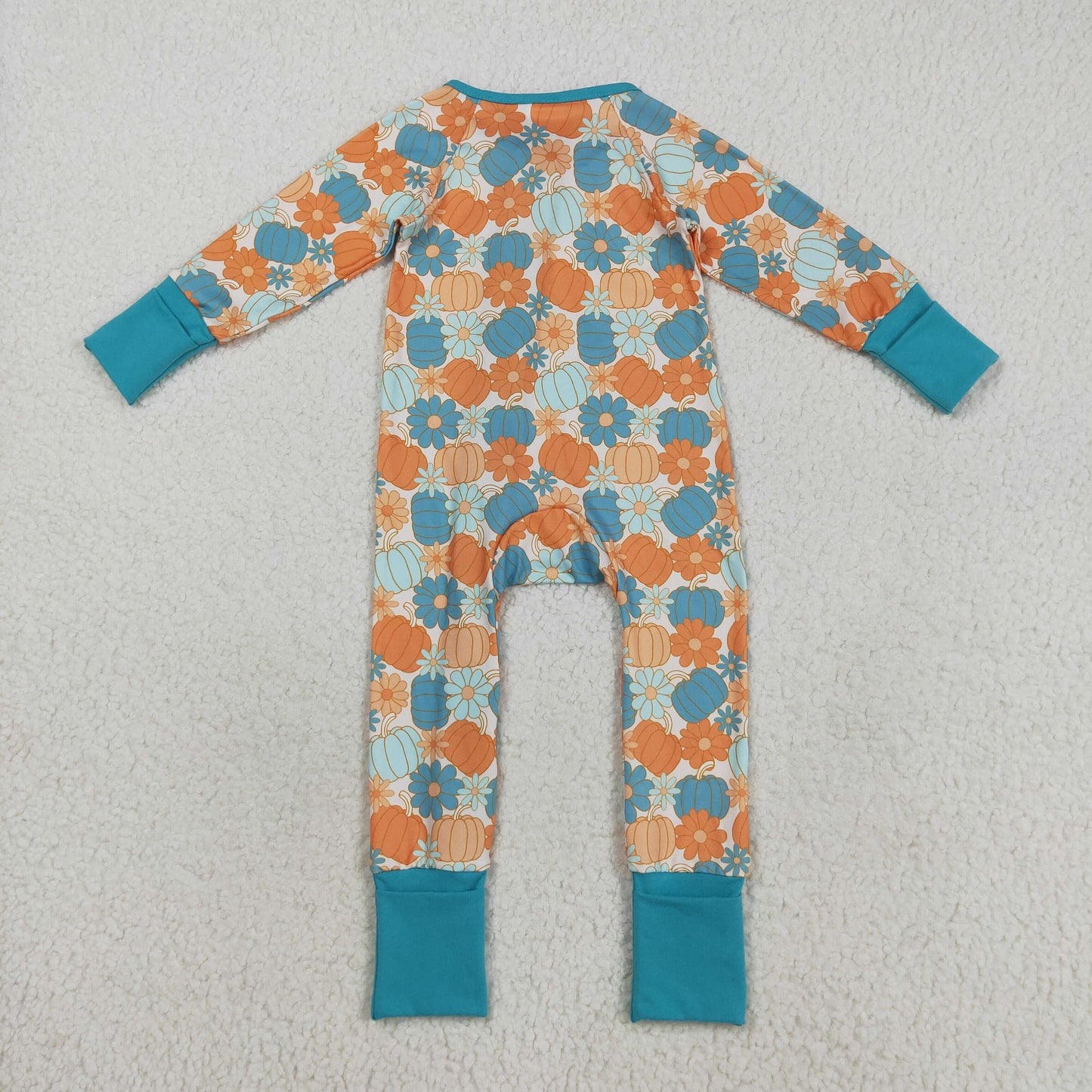 LR2461 Baby Girls Orange Blue Pumpkins Flowers Fall Zipper Footed Rompers