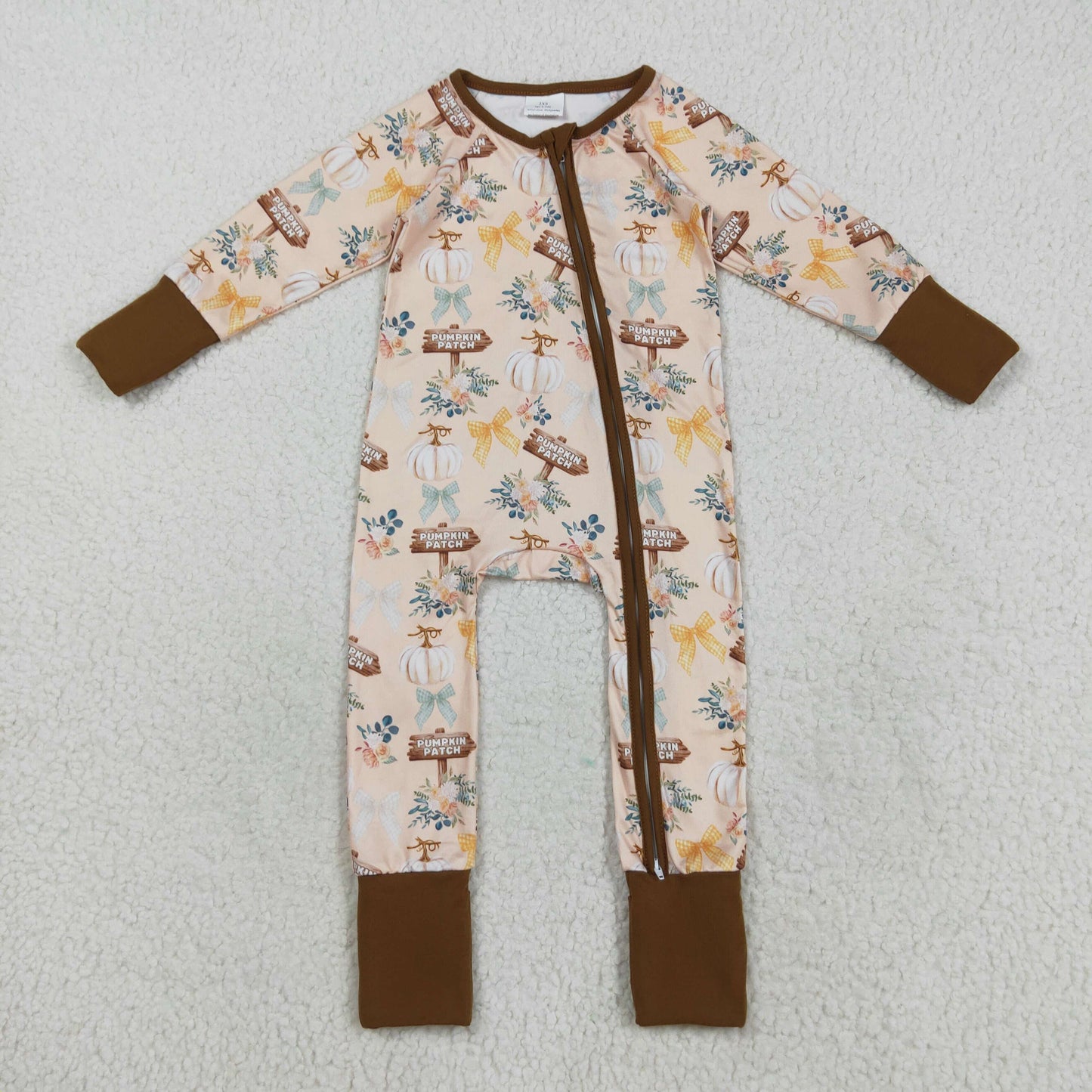 LR2462 Baby Girls Khaki Pumpkins Flowers Fall Zipper Footed Rompers