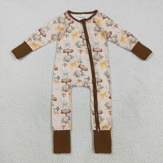 LR2462 Baby Girls Khaki Pumpkins Flowers Fall Zipper Footed Rompers