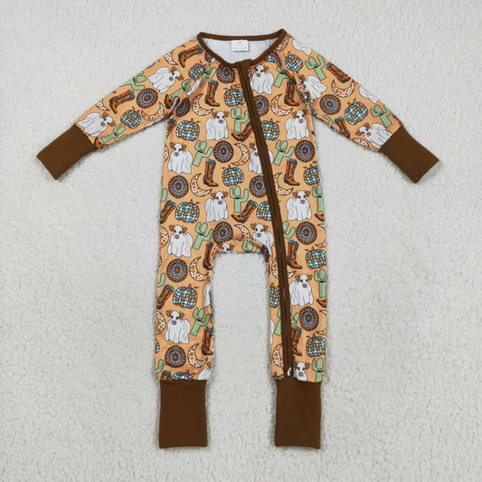 LR2463 Baby Boys Cactus Pumpkins Highland Cows Western Fall Zipper Footed Rompers