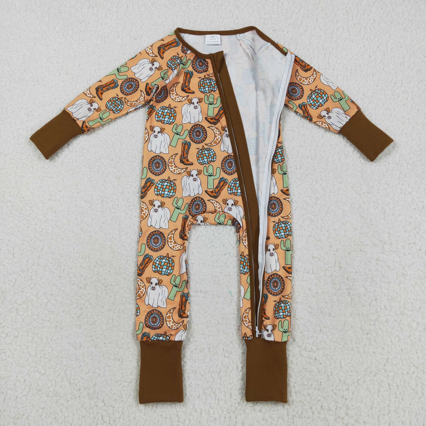 LR2463 Baby Boys Cactus Pumpkins Highland Cows Western Fall Zipper Footed Rompers