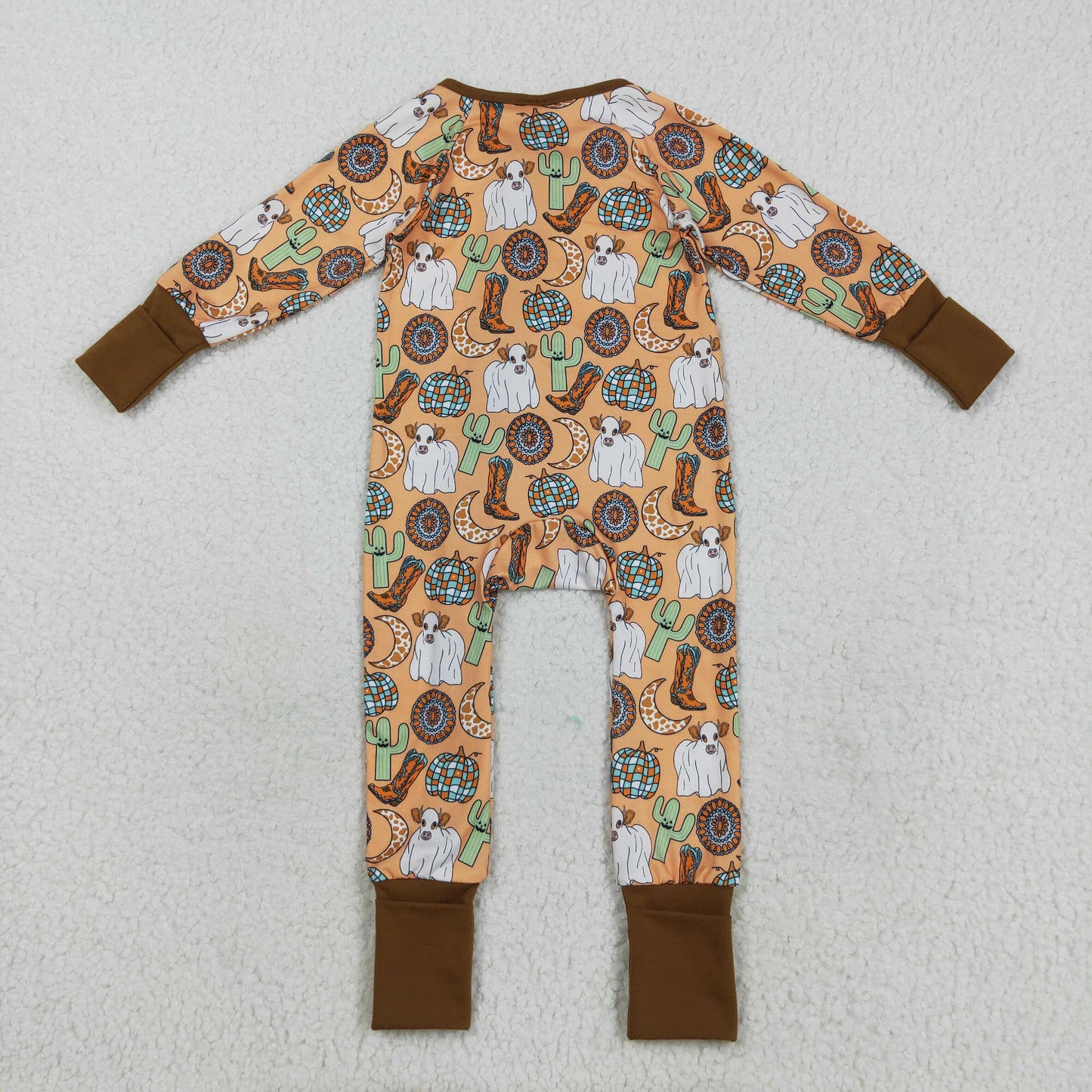 LR2463 Baby Boys Cactus Pumpkins Highland Cows Western Fall Zipper Footed Rompers