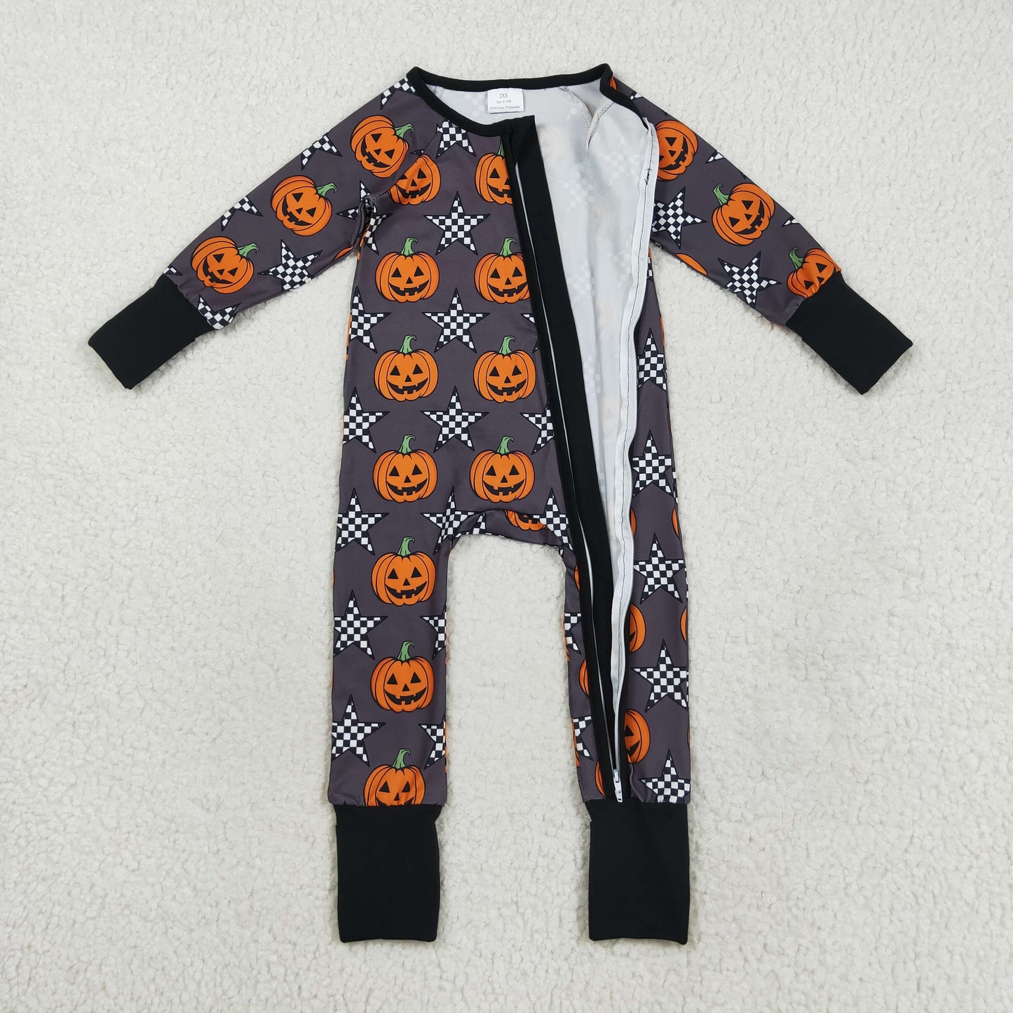 LR2464 Baby Boys Ghost Pumpkins Stars Halloween Zipper Footed Rompers