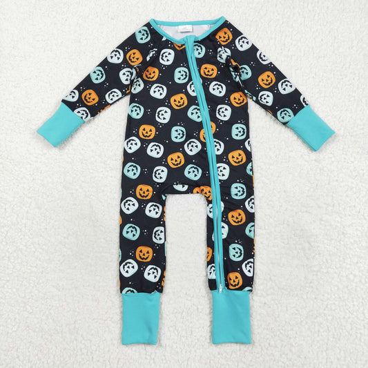 LR2465 Baby Boys Ghost Pumpkins Halloween Zipper Footed Rompers